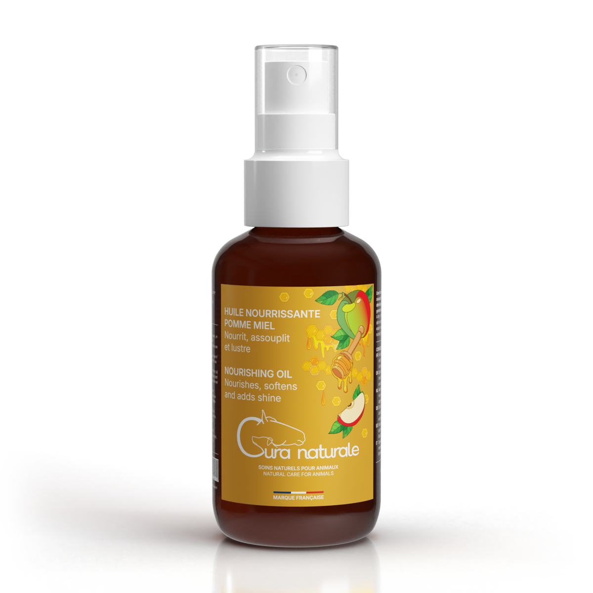 Huile nourrissante cheval chien chat — flacon 120 ml senteur pomme miel — Cura naturale