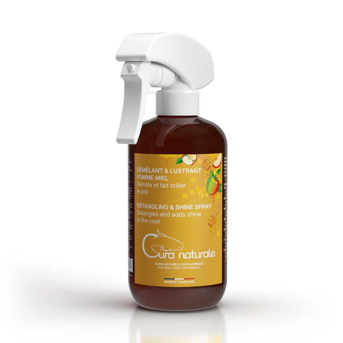 Démêlant lustrant cheval chien chat — flacon 250 ml senteur pomme miel — Cura naturale