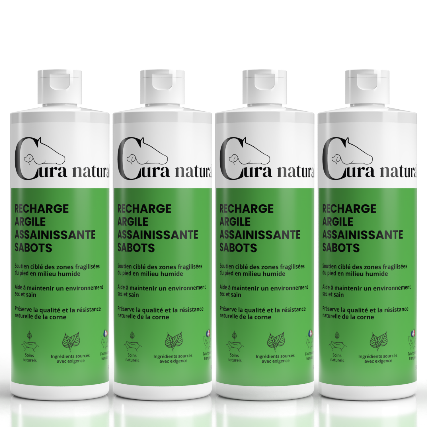 Quatre recharges 500 ml d'Argile assainissante sabots pour cheval Cura naturale