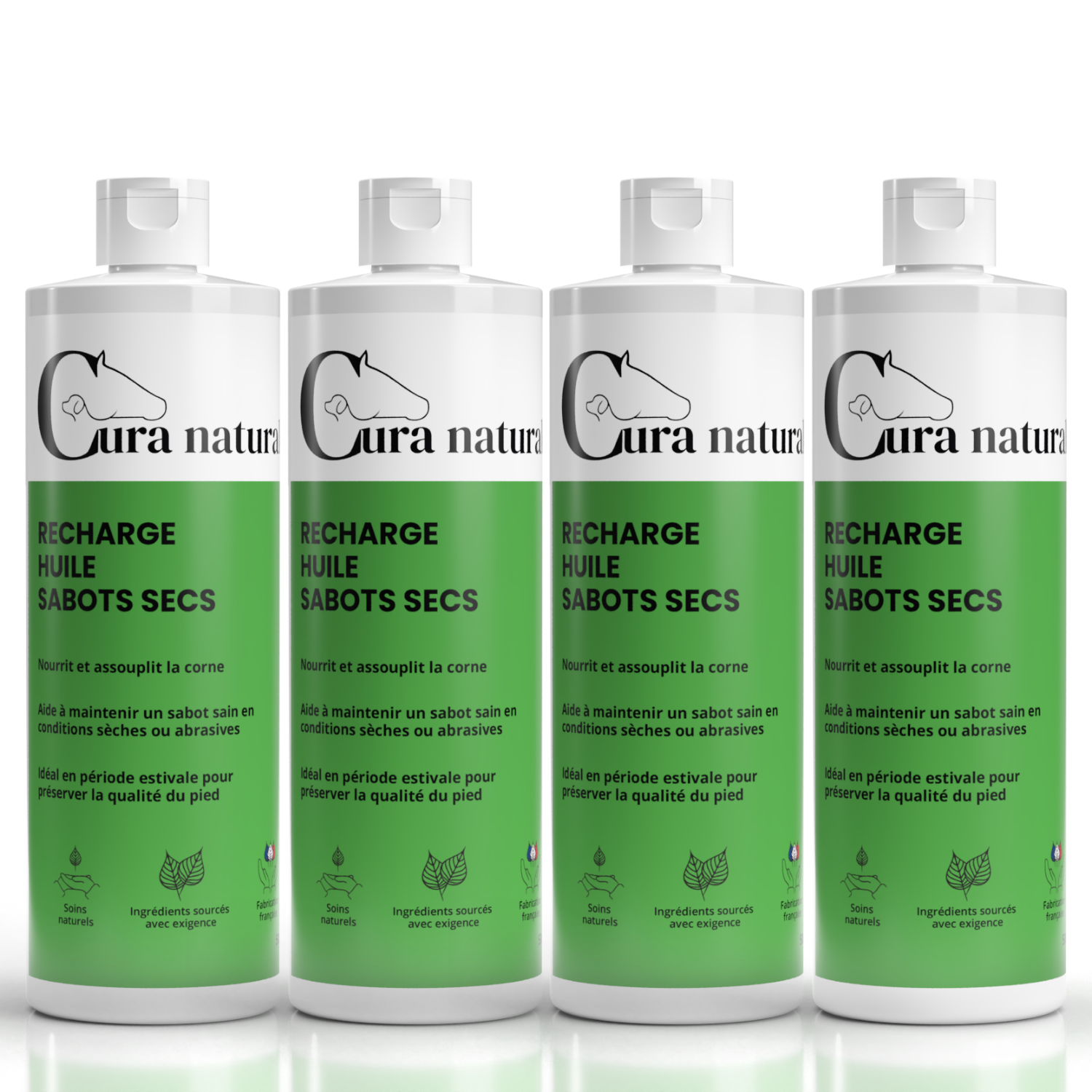 Quatre recharges 500 ml d'Huile sabots secs pour cheval Cura naturale