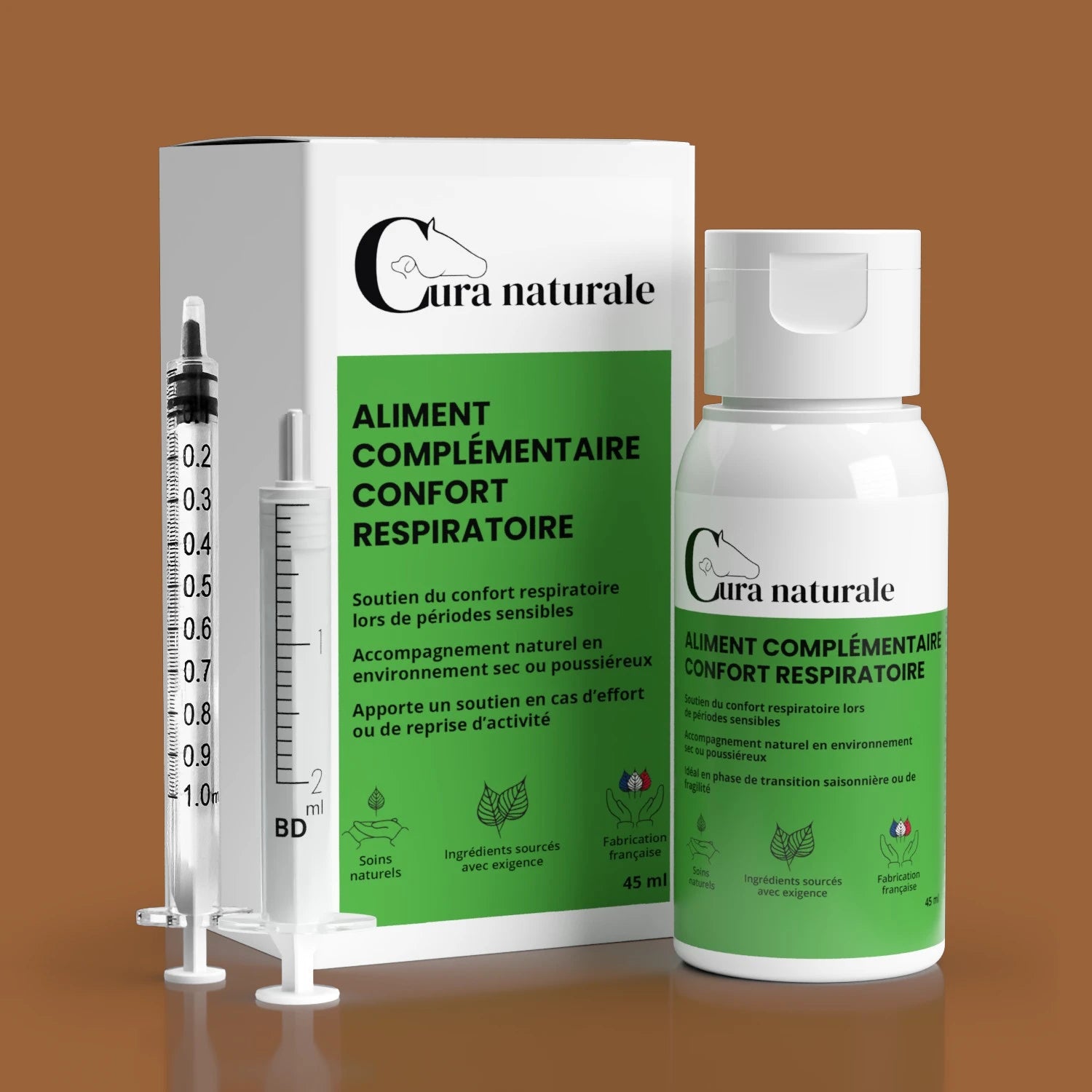 Flacon d'aliment complémentaire confort respiratoire Cura naturale pour cheval