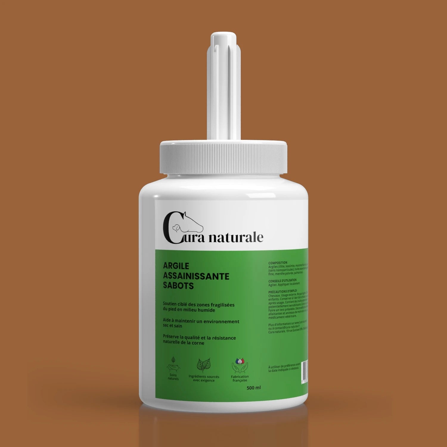 Flacon de argile assainissante sabots Cura naturale pour le soin naturel du cheval