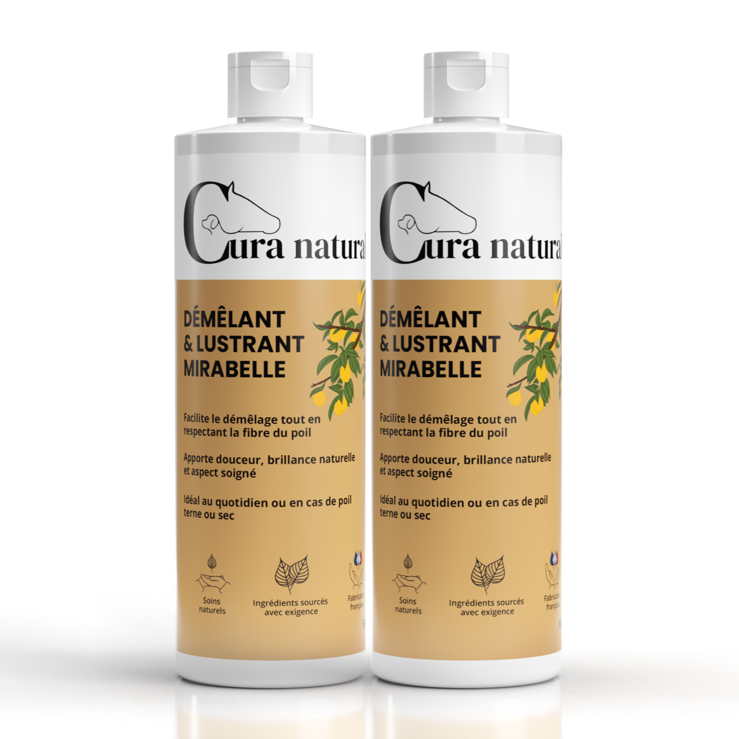 Deux recharges 500 ml de Démêlant et lustrant Mirabelle pour cheval Cura naturale