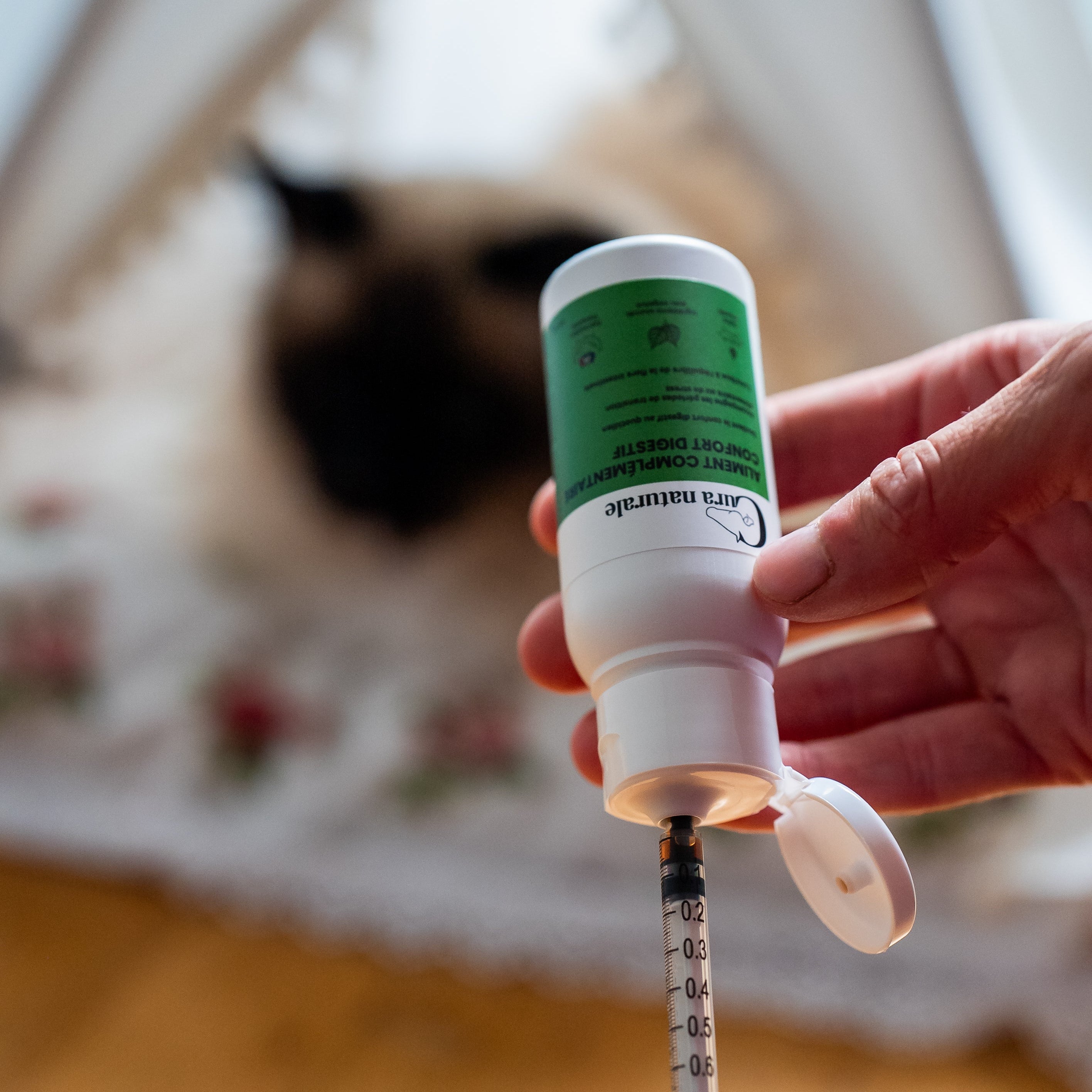 Seringue doseuse de l'aliment complémentaire confort digestif Cura naturale chat