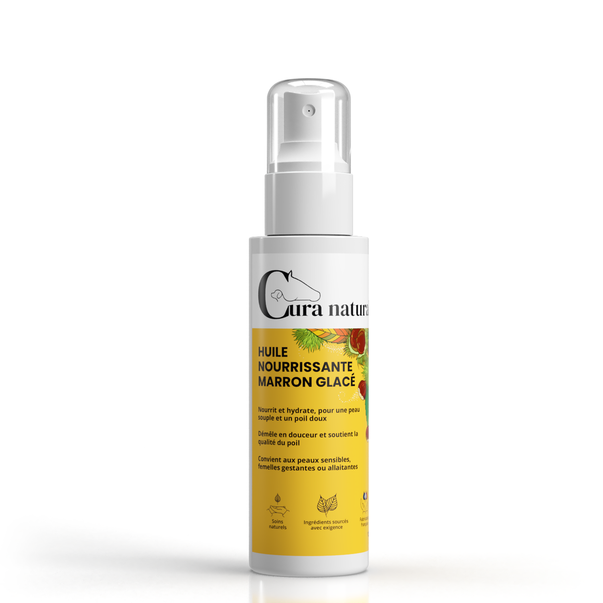 Huile nourrissante cheval chien chat — flacon 125 ml senteur marron glacé — Cura naturale