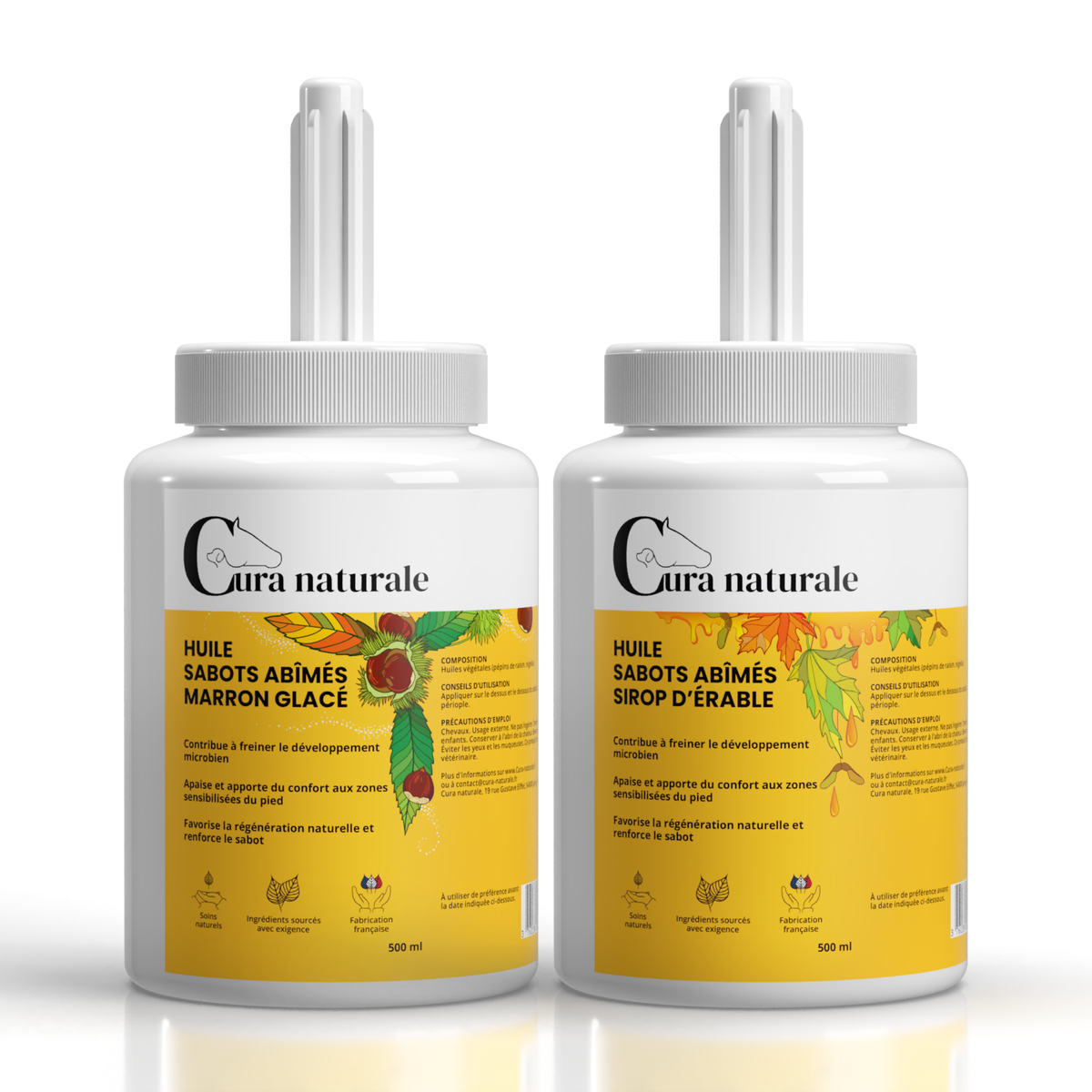 Huile sabots abîmés cheval — flacons 500 ml édition automne, senteurs sirop d'érable et marron glacé — Cura naturale