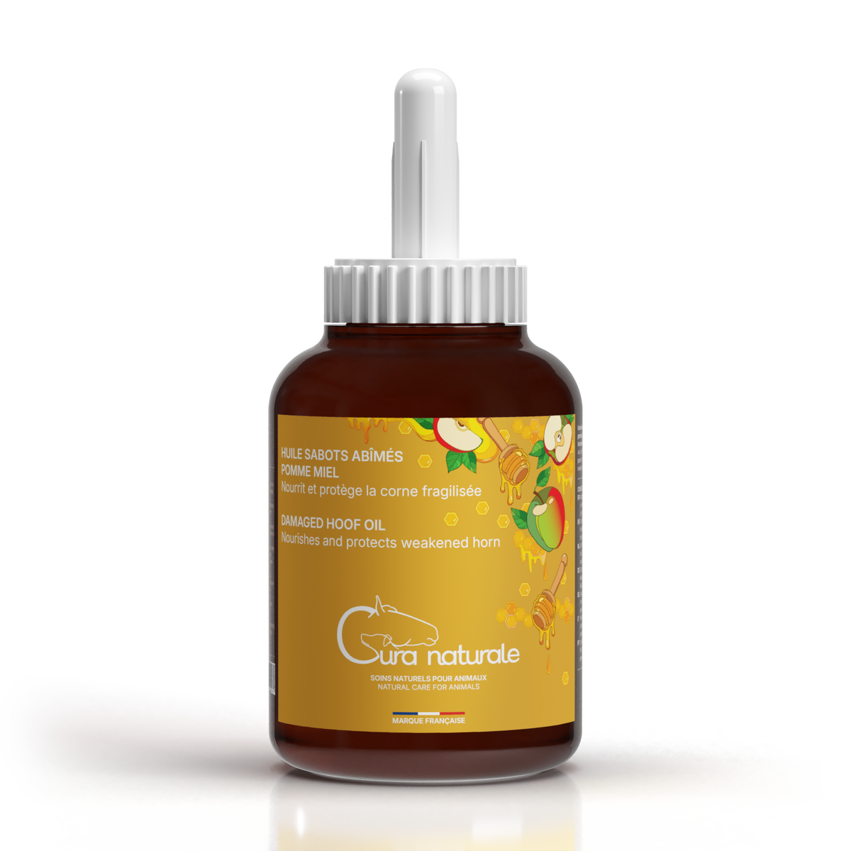Huile sabots abîmés cheval — flacon 500 ml senteur pomme miel — Cura naturale