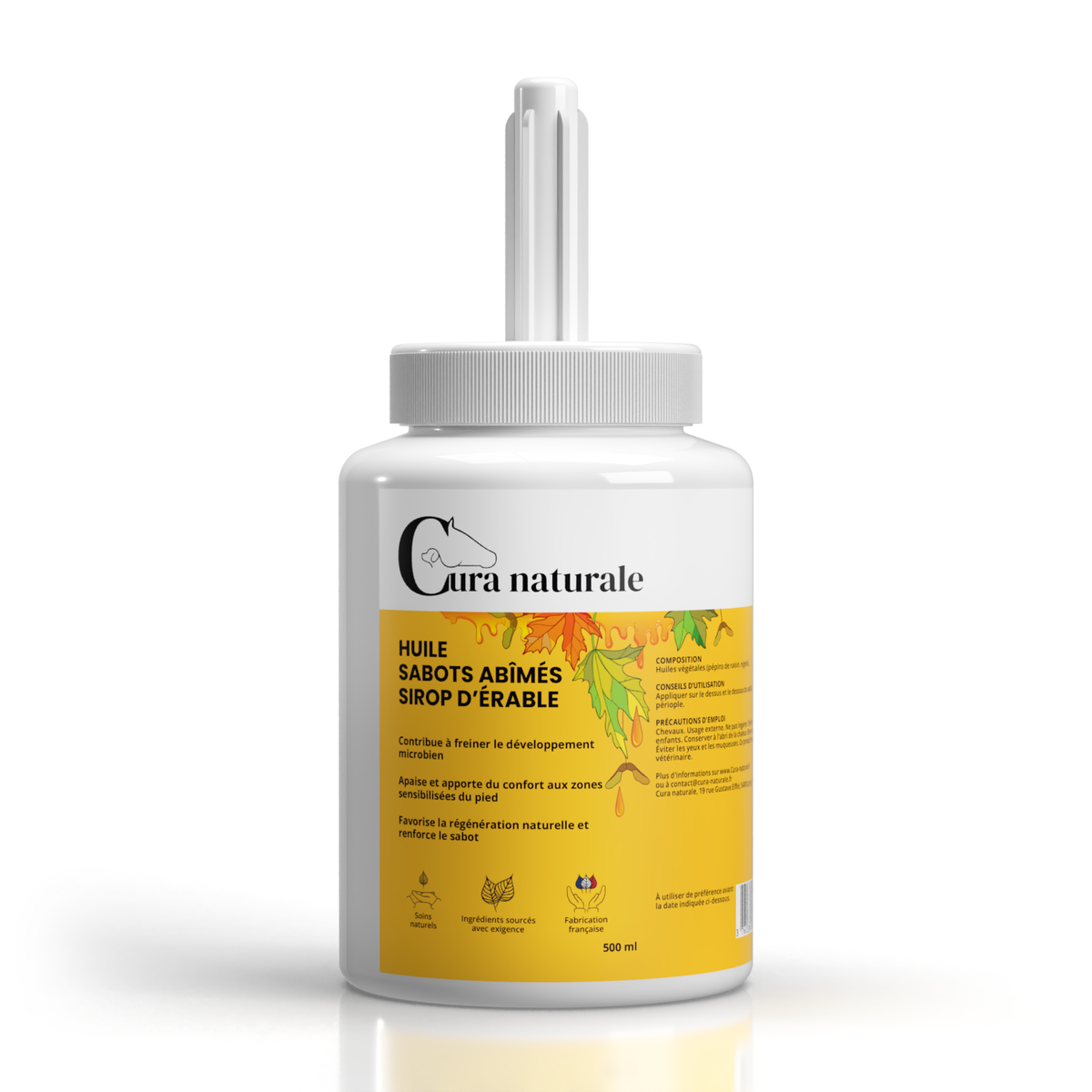 Huile sabots abîmés cheval — flacon 500 ml senteur sirop d'érable — Cura naturale