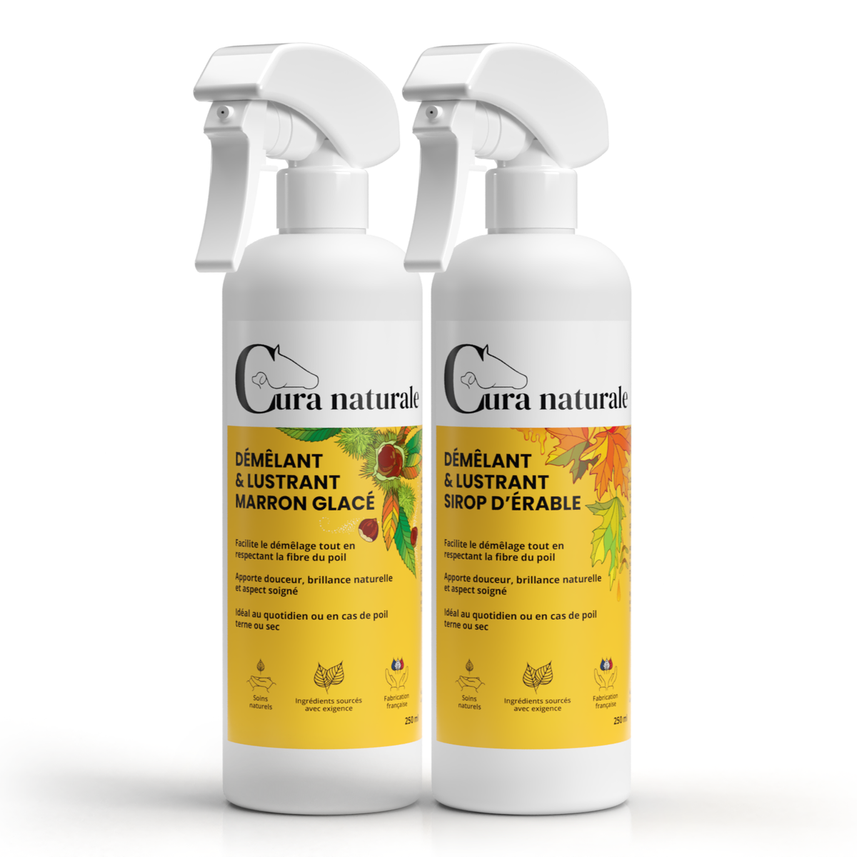 Démêlant lustrant cheval chien chat — flacons 250 ml édition automne, senteurs sirop d'érable et marron glacé — Cura naturale