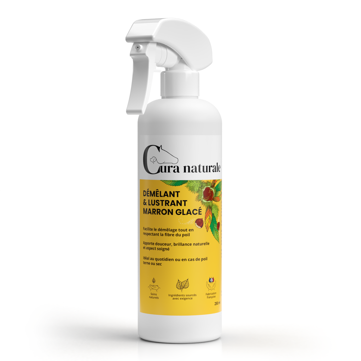Démêlant lustrant cheval chien chat — flacon 250 ml senteur marron glacé — Cura naturale