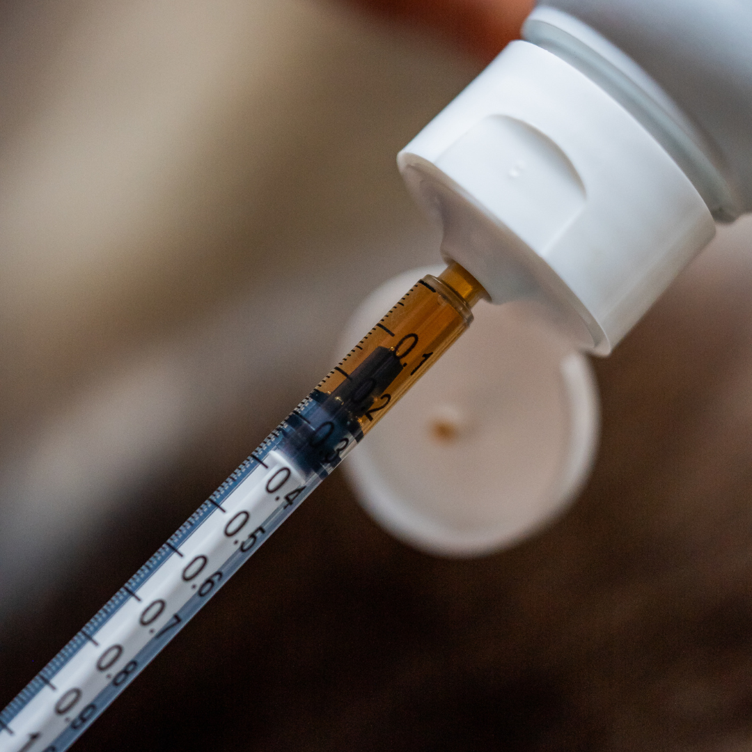 Aliment complémentaire confort articulaire chien - gros plan seringue et solution - Cura naturale