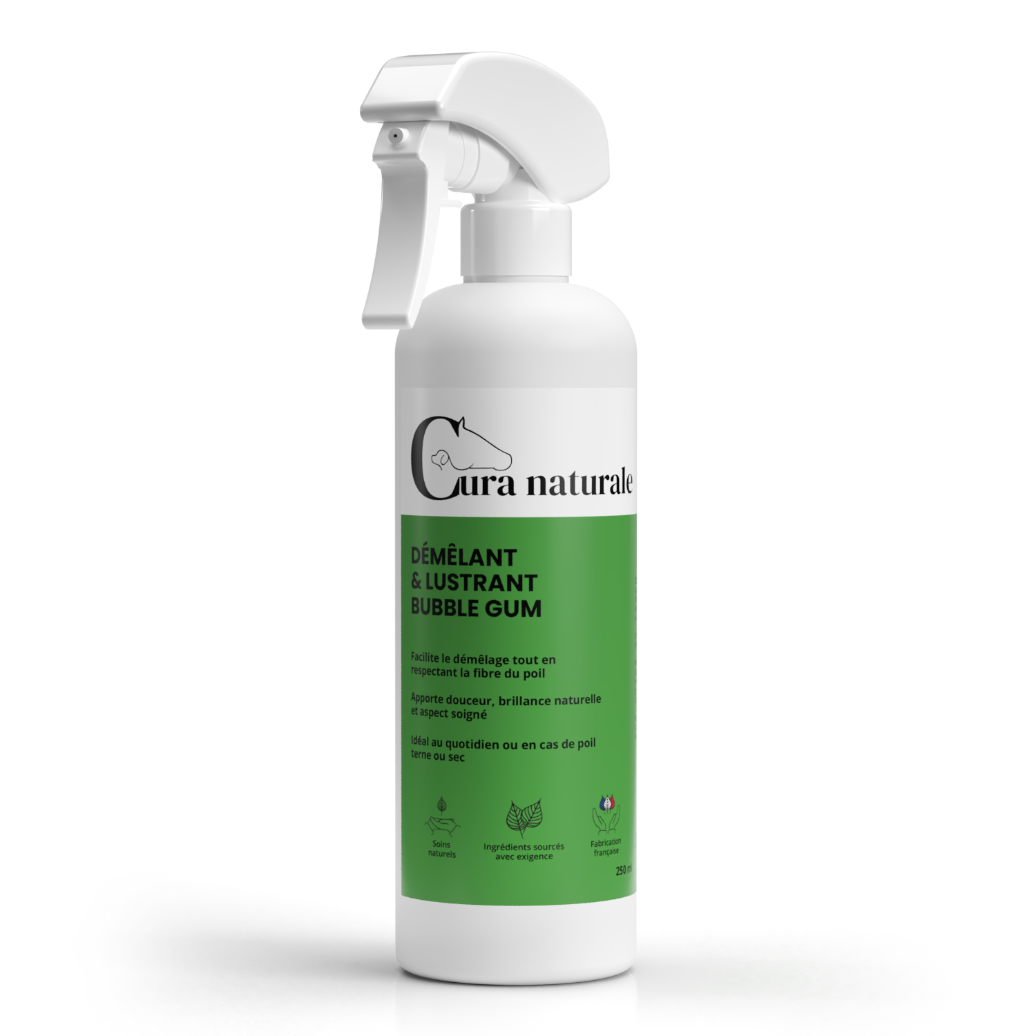Démêlant lustrant cheval chien chat — flacon 250 ml senteur bubble gum — Cura naturale