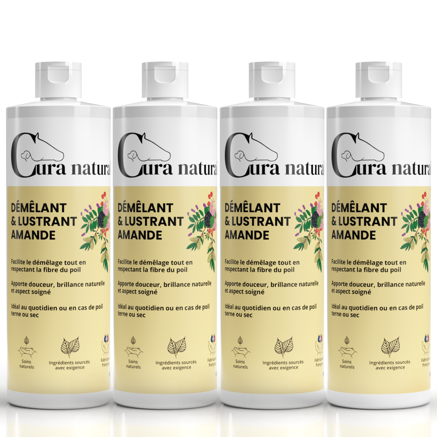Quatre recharges 500 ml de Démêlant et lustrant Amande pour chien Cura naturale