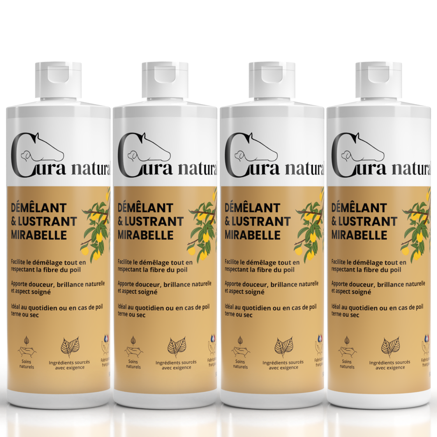 Quatre recharges 500 ml de Démêlant et lustrant Mirabelle pour cheval Cura naturale
