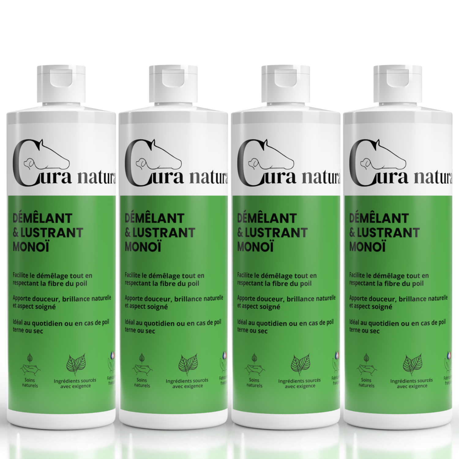Quatre recharges 500 ml de Démêlant et lustrant Monoï pour chat Cura naturale