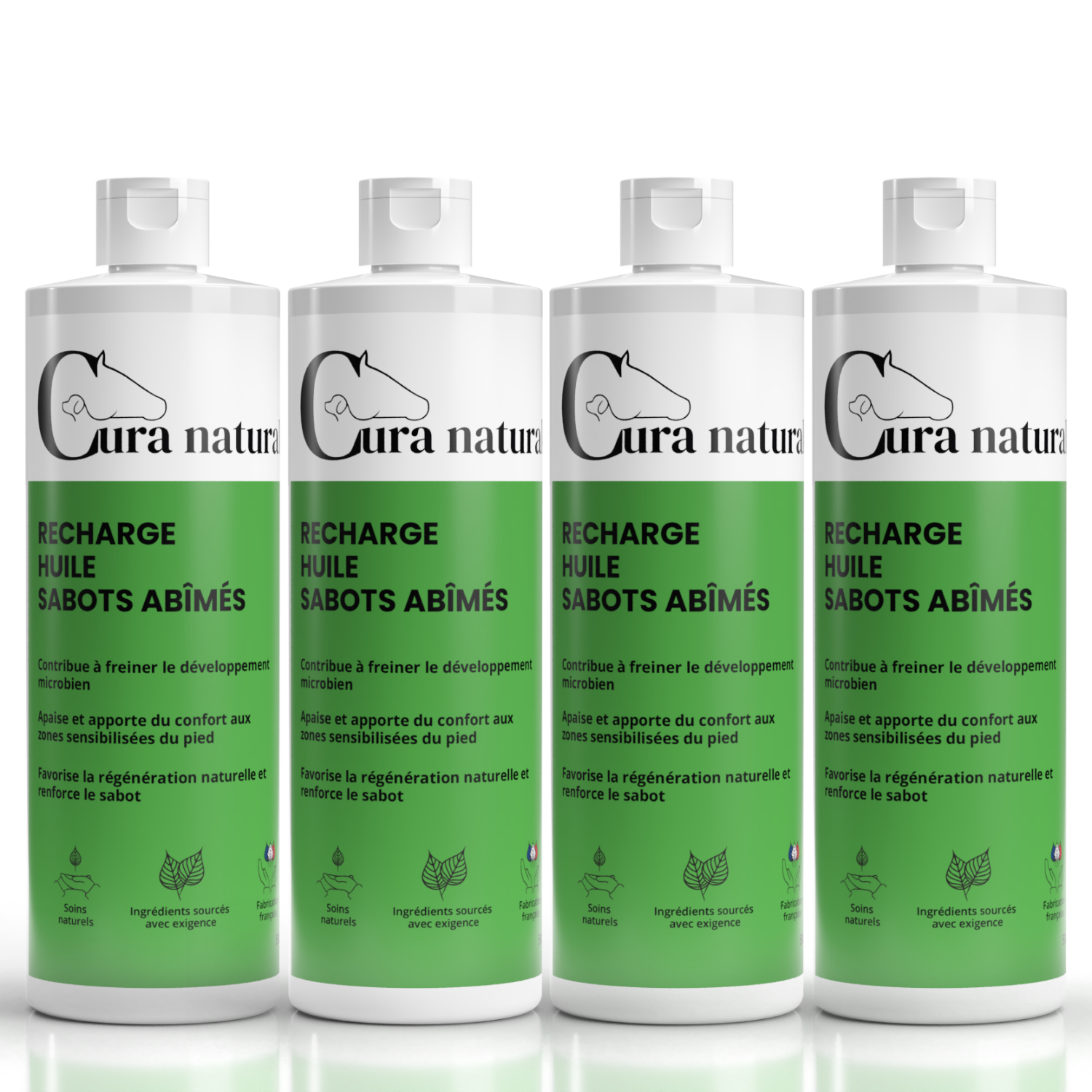 Quatre recharges 500 ml d'Huile sabots abîmés pour cheval Cura naturale