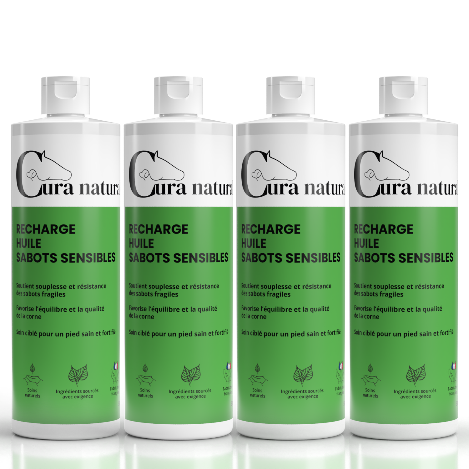 Quatre recharges 500 ml d'Huile sabots sensibles pour cheval Cura naturale