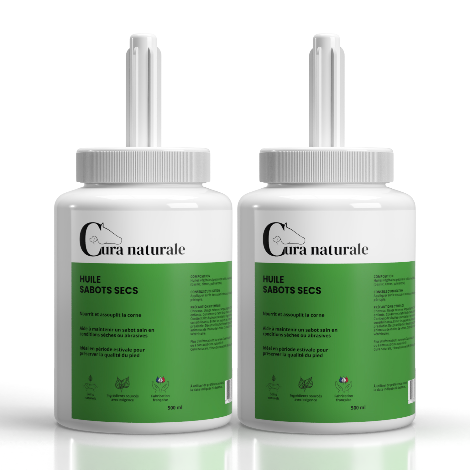 Deux flacons d'Huile sabots secs pour cheval Cura naturale