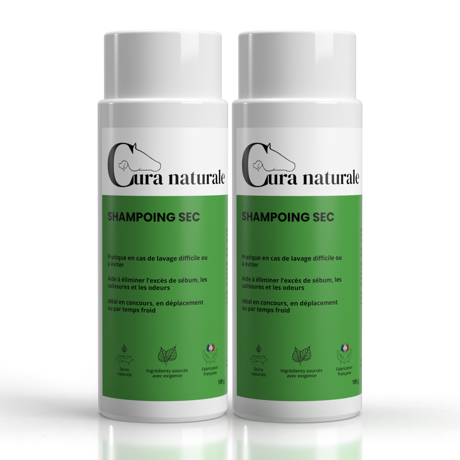 Deux pots de Shampoing sec pour cheval Cura naturale